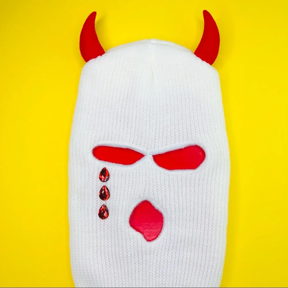 Cry Evil Devil White Ski Mask Balaclava Beanie Cap 3 Holes Full Face Cover - Picture 3 of 4